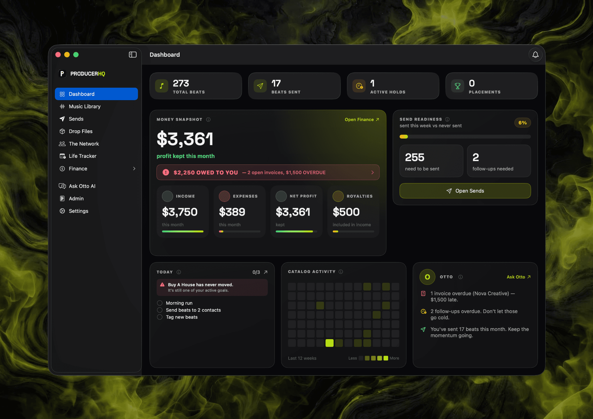 ProducerHQ dashboard presented over a green studio-inspired background